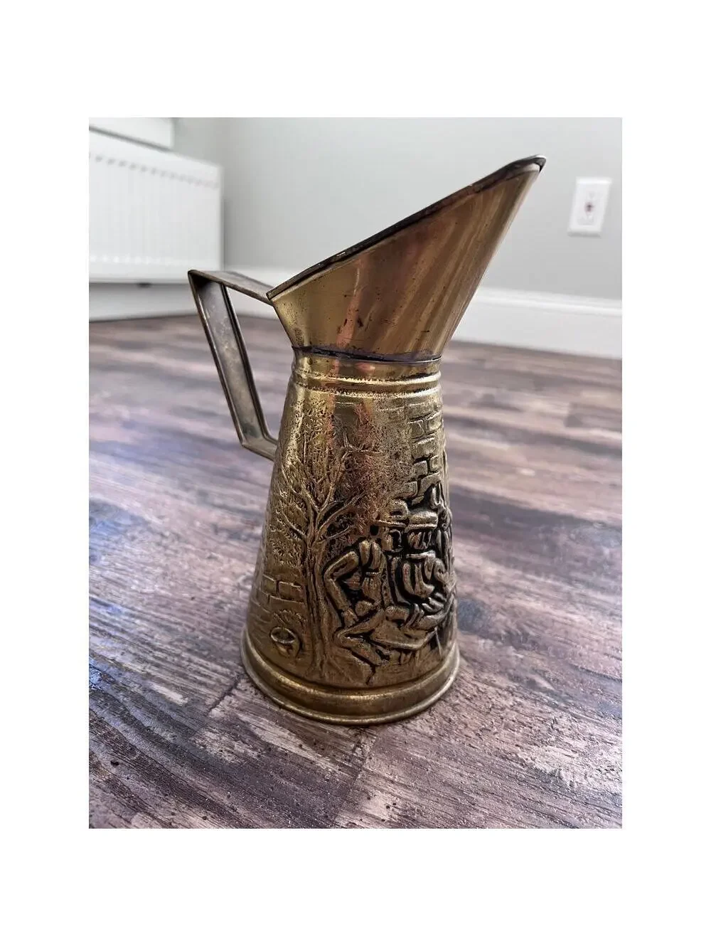 Vintage Made in England Brass-Tone Embossed Pitcher | English Pub Scene Jug